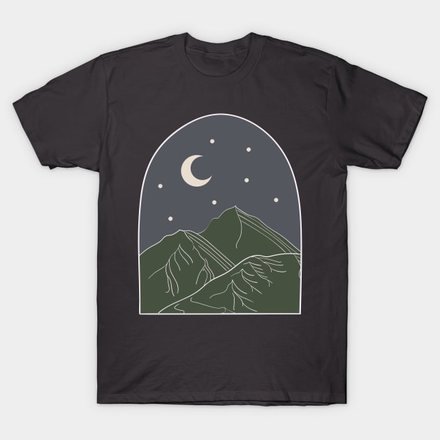 Olive Mountains At Night / Adventure Moon Stars Outdoors T-Shirt by SunflowersBlueJeans